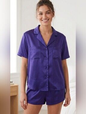 Victoria's Secret VTG Y2K Silky Satin Purple Short Sleeve Shorts 2Pc PJ Set L XL